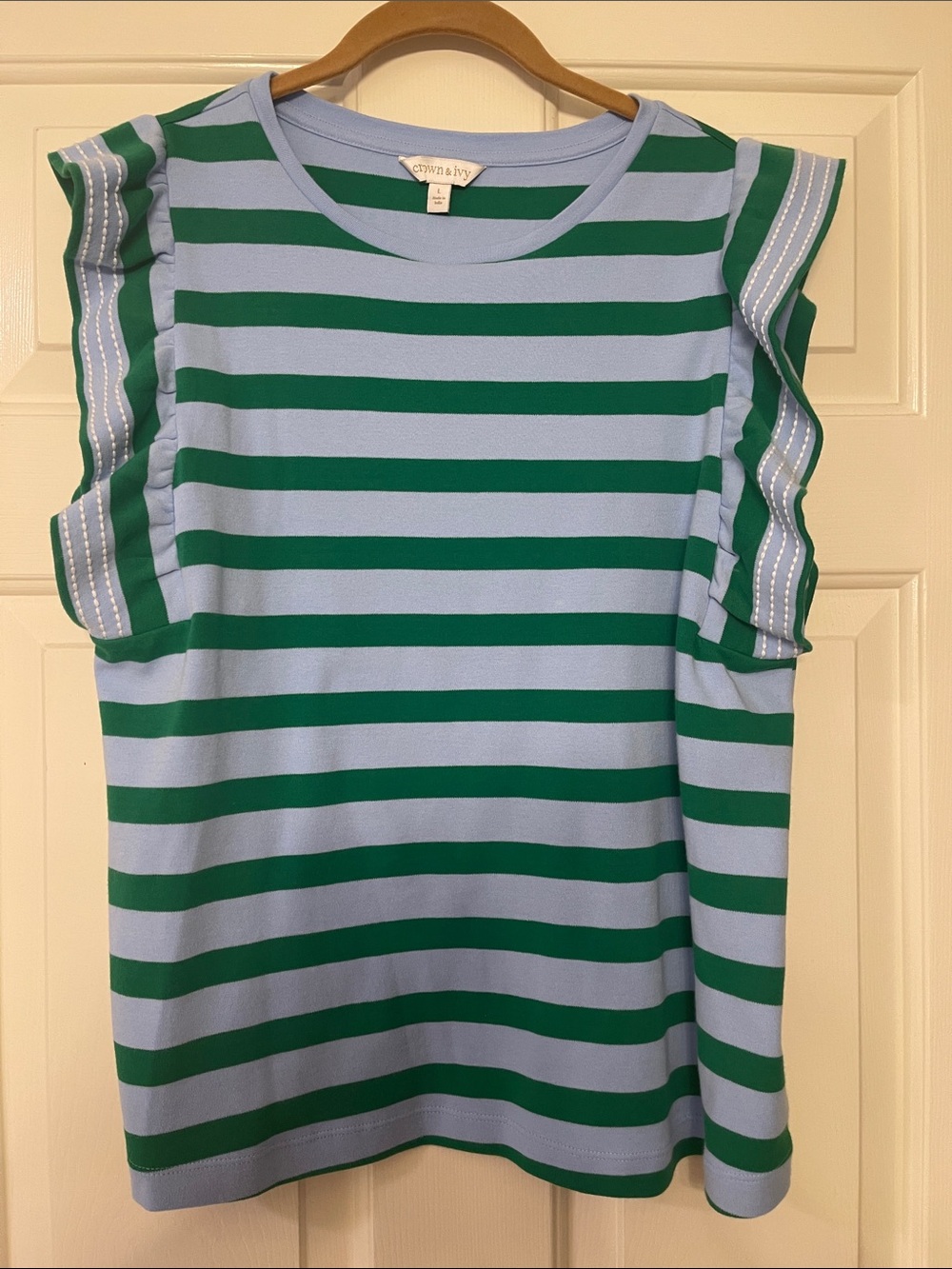 Crown & Ivy Blue and Green Striped Ruffle Shoulder Sleeveless top L